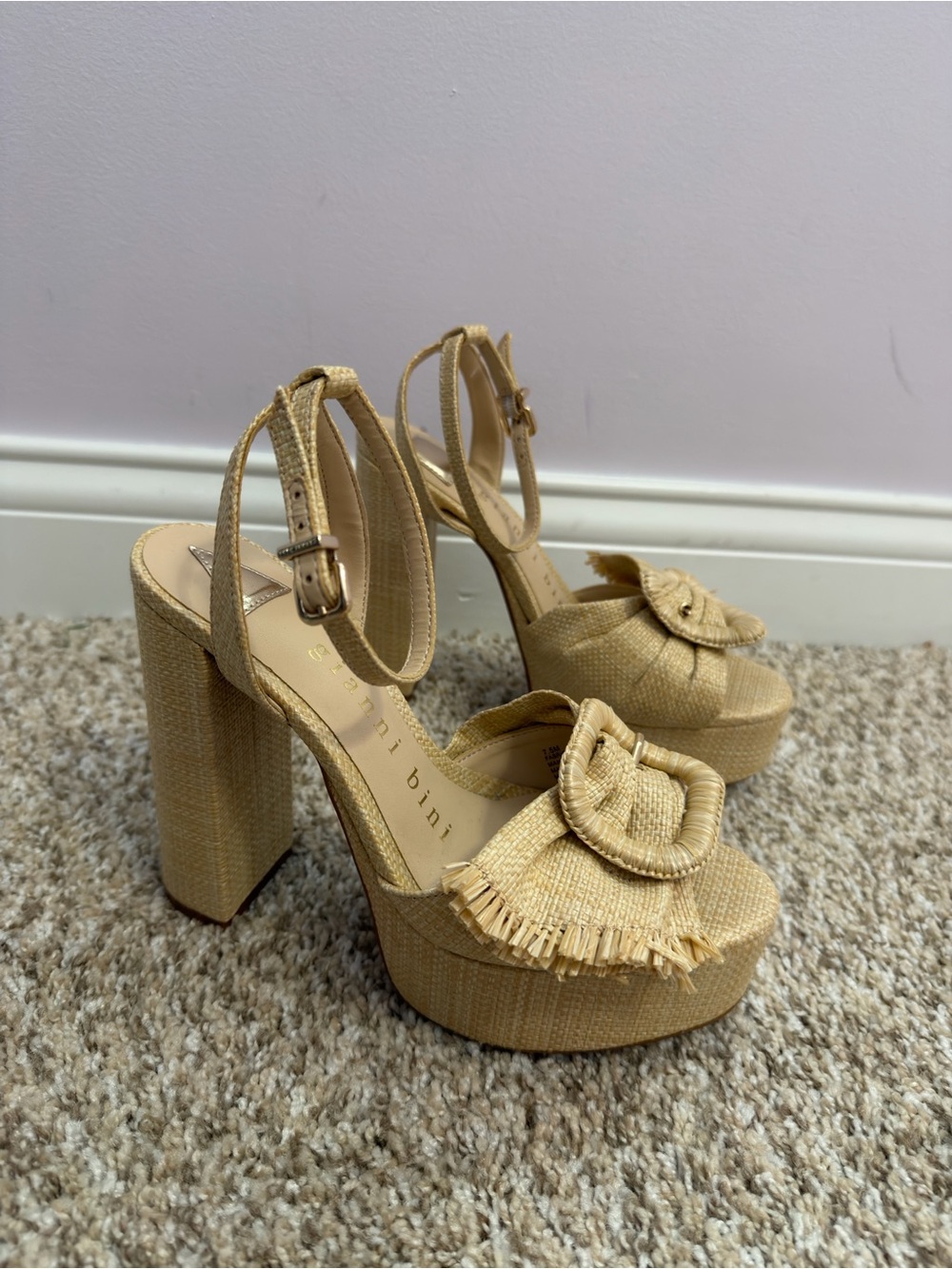 Giani Bernini Gold Platform Block Heel Sandals with Buckle Detail